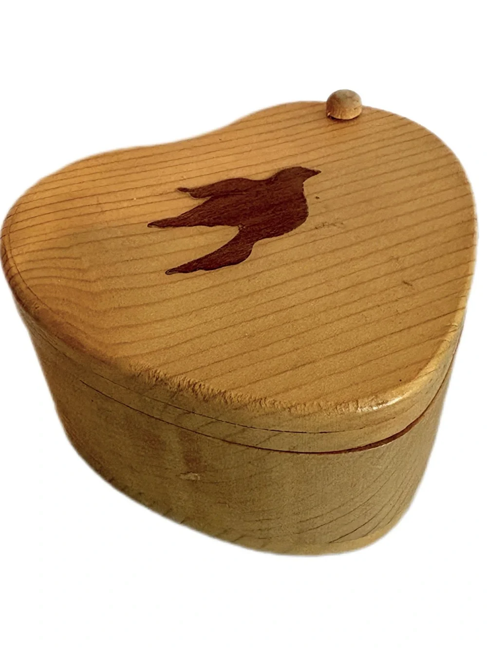 Vintage Wooden Heart-Shaped Bird Keepsake Trinket Stash Box - Natural Finish
